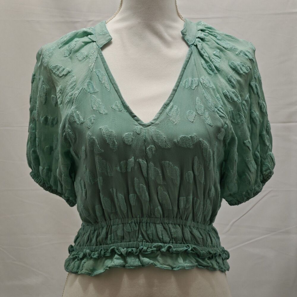 Fairycore Boho Puff Sleeve Crop Top Mint Green Gold Shimmer Ruffle V Neck XS